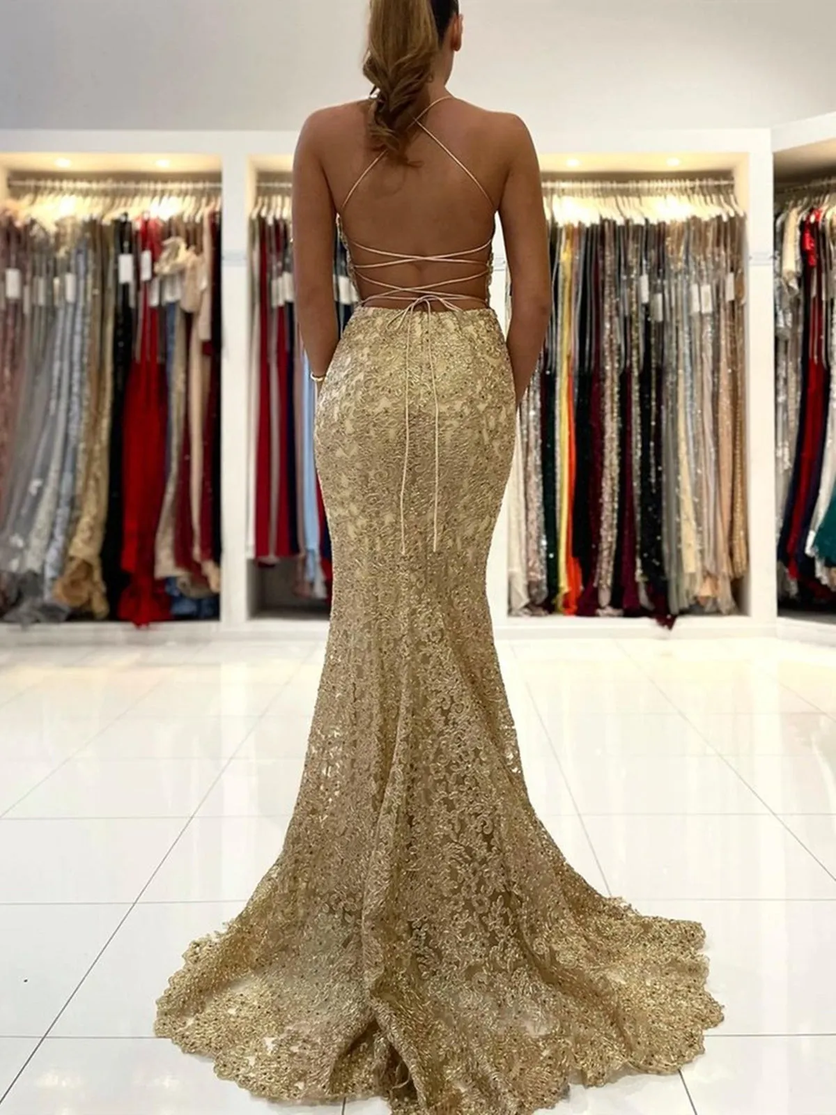 Mermaid Backless Golden Lace Long Prom, Mermaid Gold Formal, Golden Lace Evening