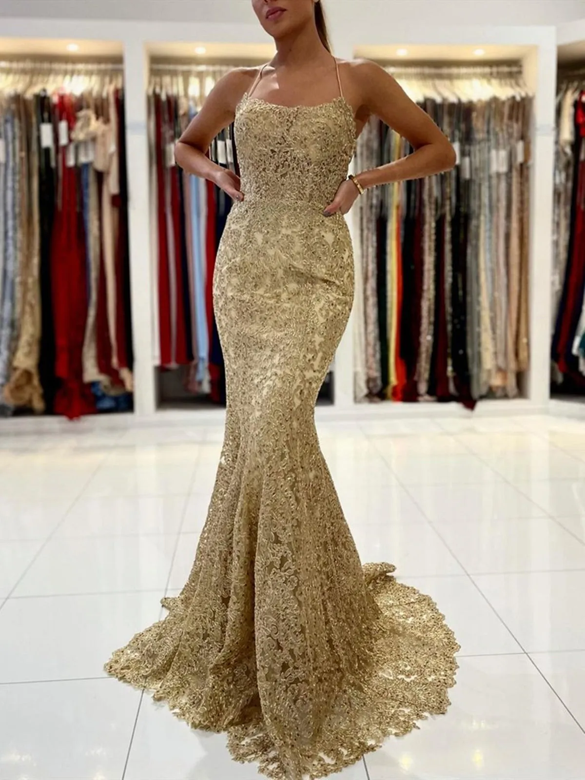 Mermaid Backless Golden Lace Long Prom, Mermaid Gold Formal, Golden Lace Evening