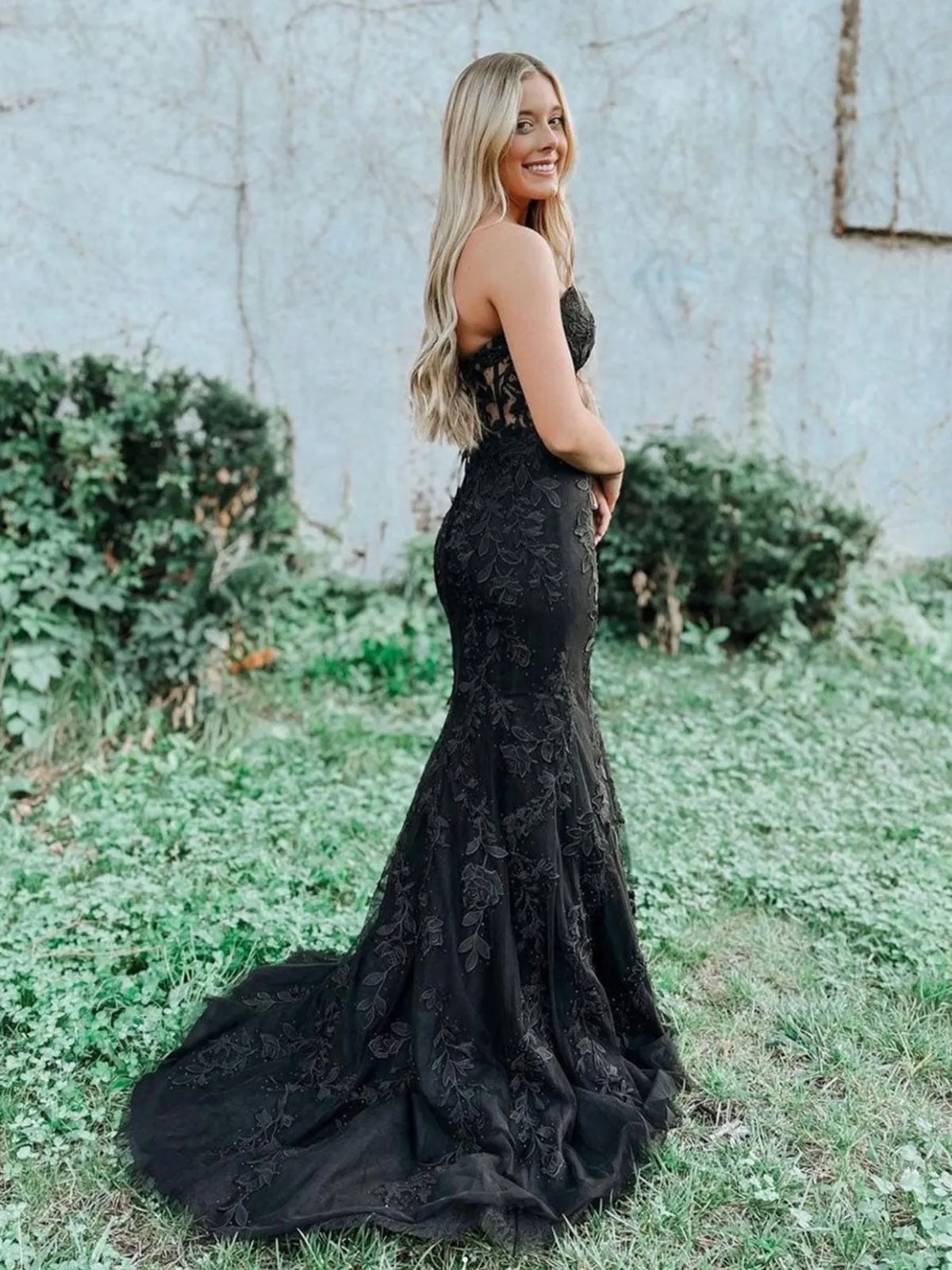 Mermaid Black Lace Long Prom Dresses, Strapless Black Lace Formal Dresses, Black Tulle Evening Dresses