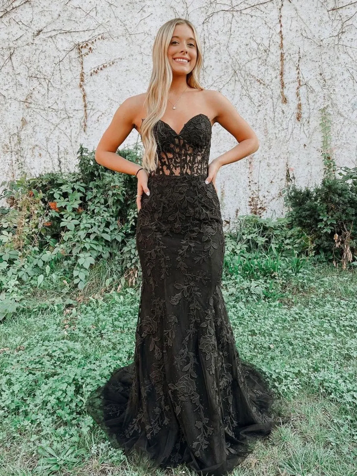 Mermaid Black Lace Long Prom Dresses, Strapless Black Lace Formal Dresses, Black Tulle Evening Dresses