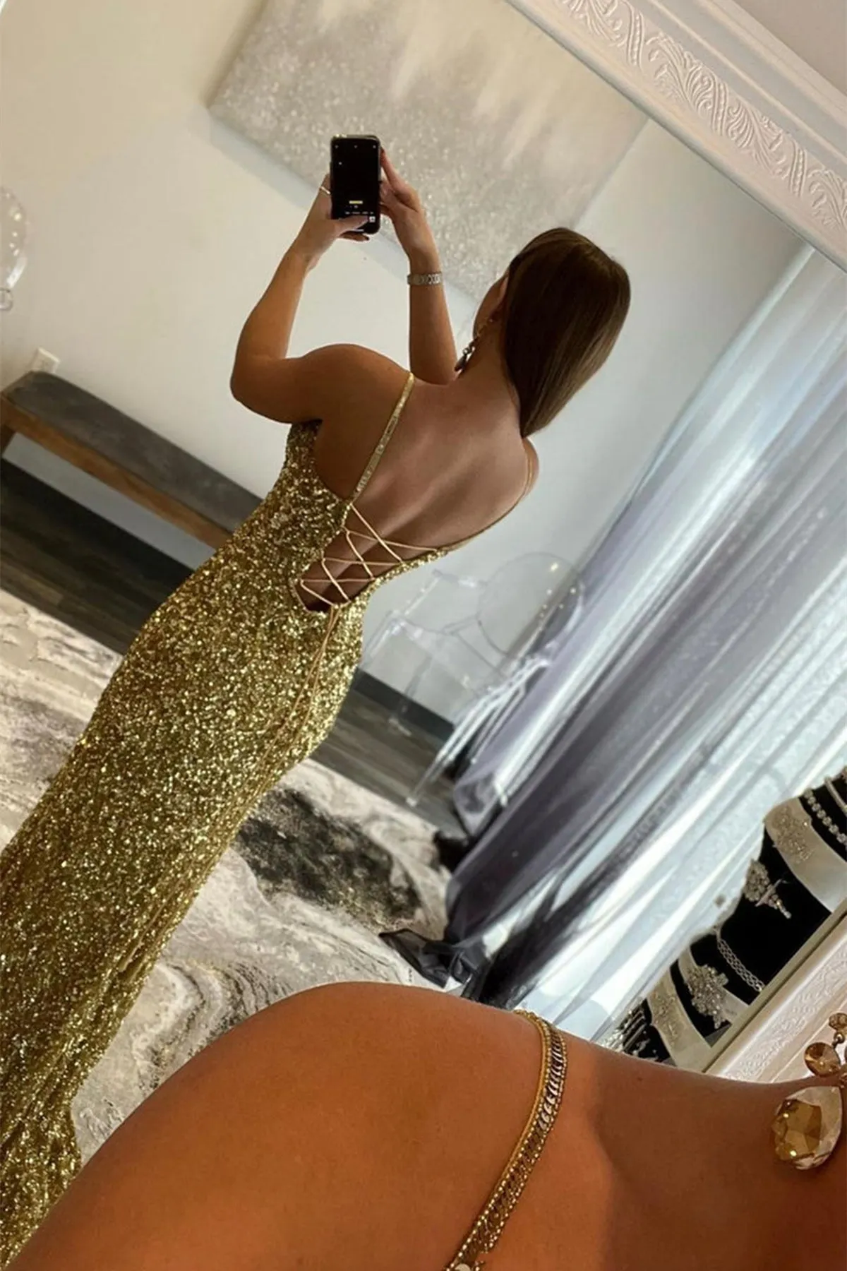 Mermaid V Neck Open Back Golden Sequins Long Prom Dress, Mermaid Gold Formal Graduation Evening Dress with High Slit A1440