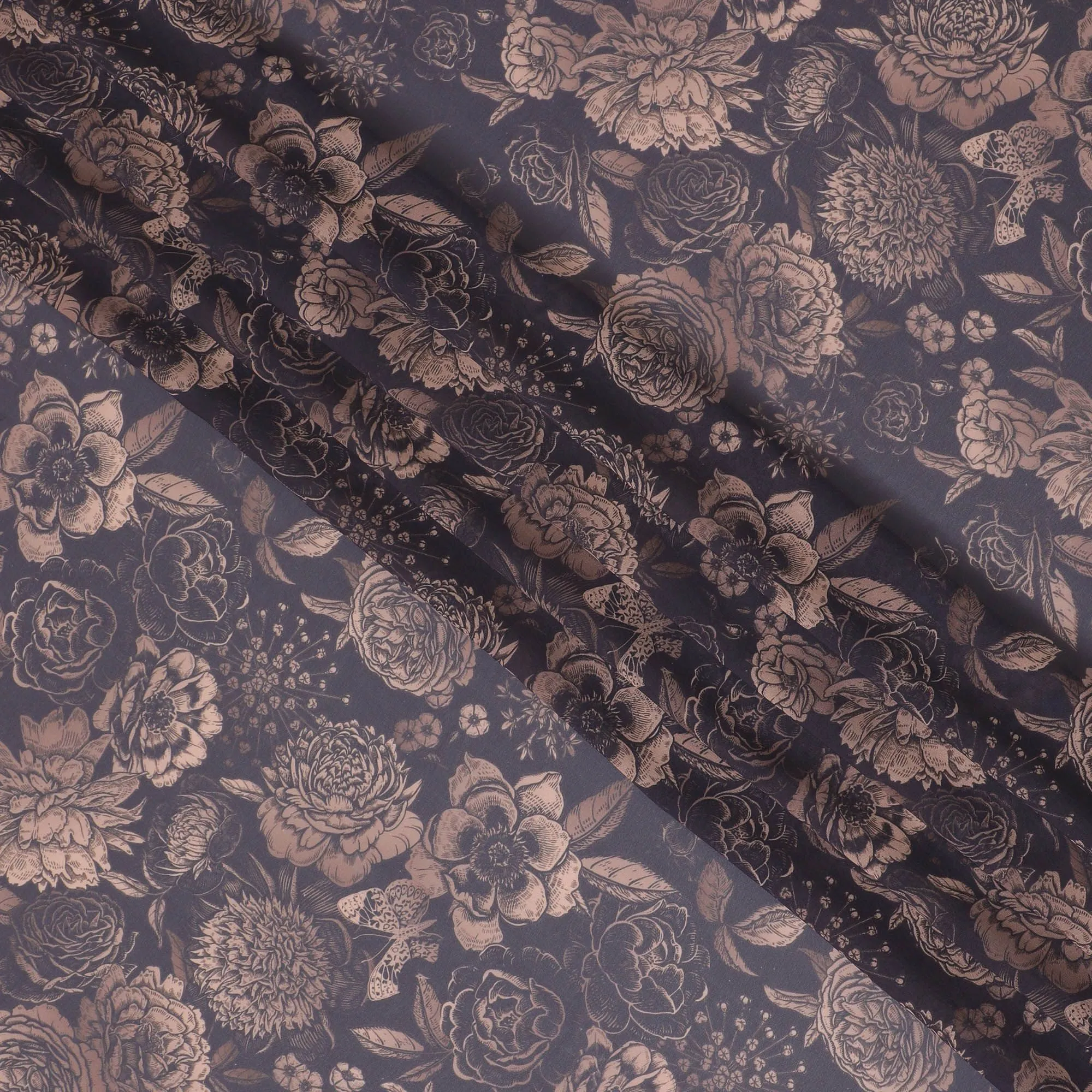 Midnight Bloom Synthetic Georgette Fabric - Copper Floral Motif, 110cm - Shop Online-D17989