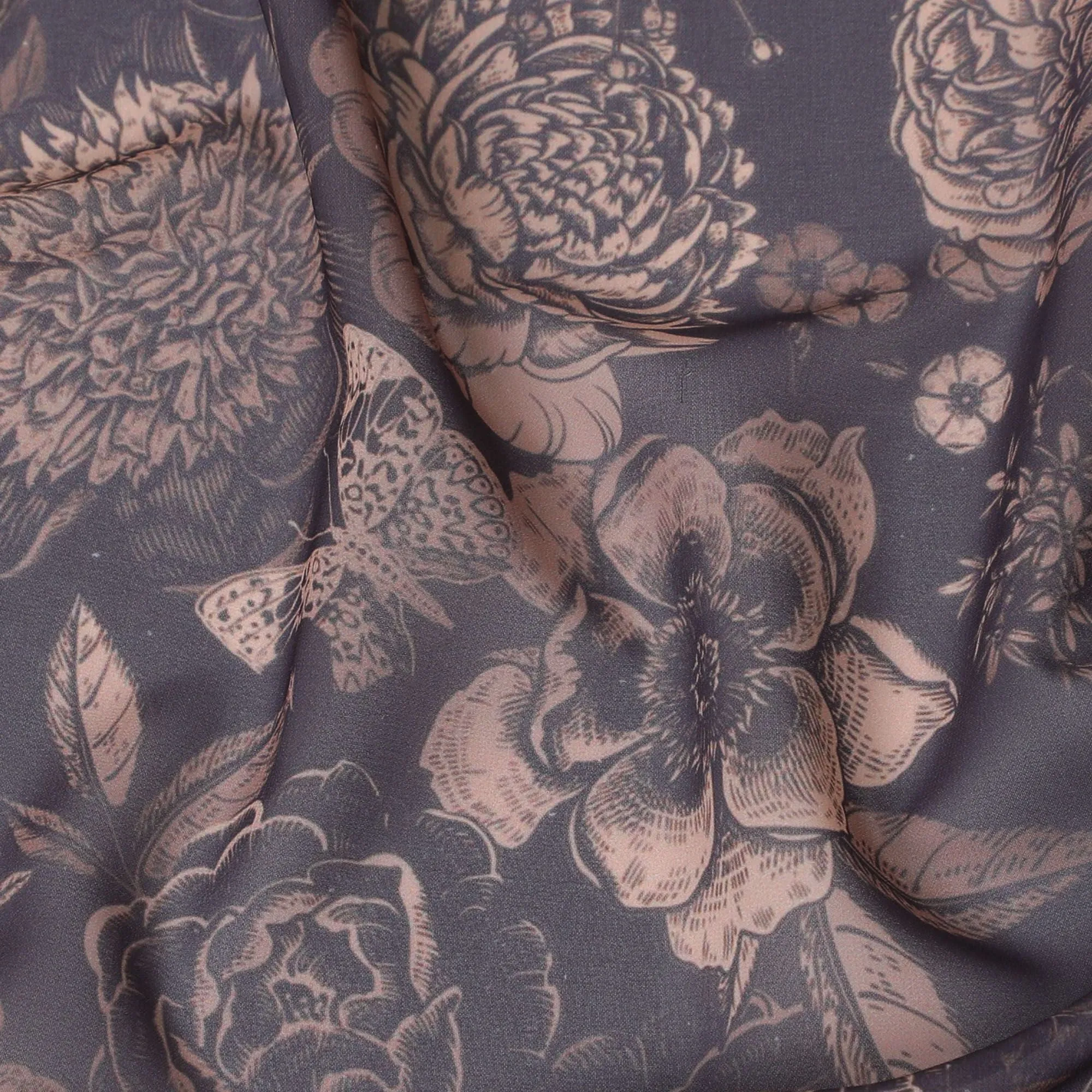 Midnight Bloom Synthetic Georgette Fabric - Copper Floral Motif, 110cm - Shop Online-D17989