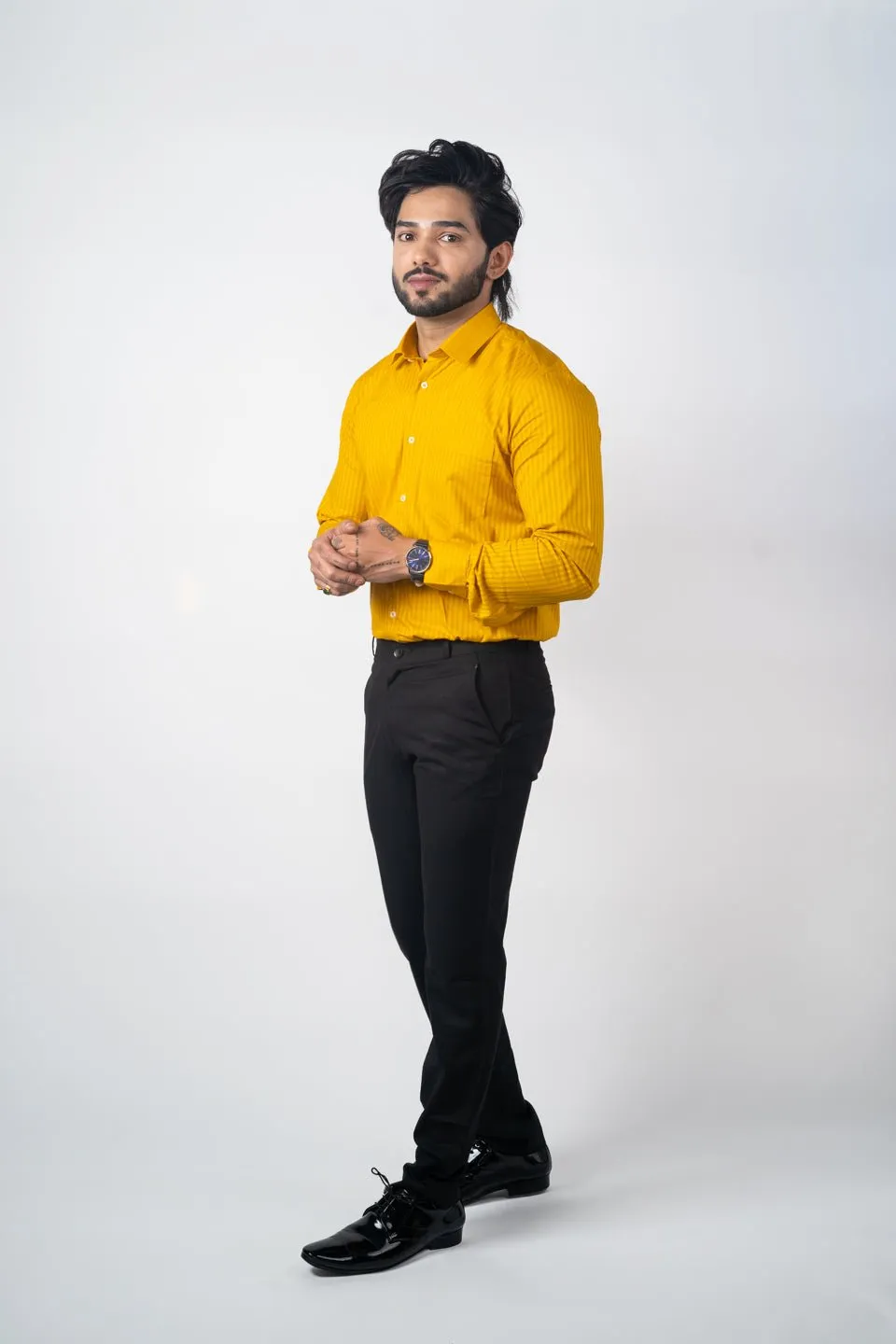 Mustard yellow Color vertical Cotton stripe Shirt For Men