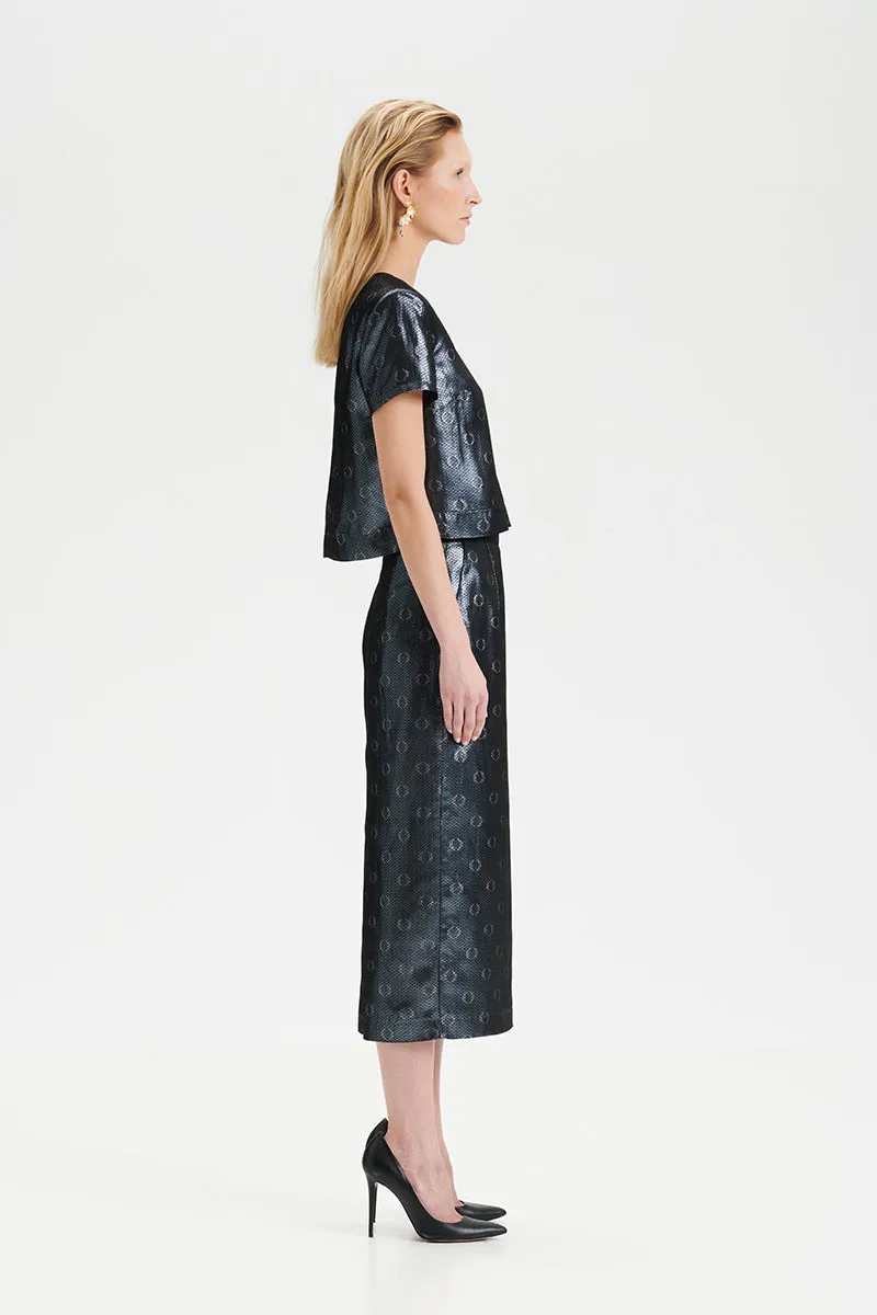 O-logo sequin jacquard skirt in steel blue