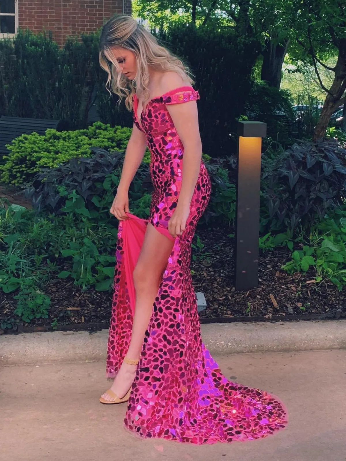 Off Shoulder Pink Sequins Mermaid long Prom Dresses with High Slit, Mermaid Pink Formal Graduation Evening Dresses