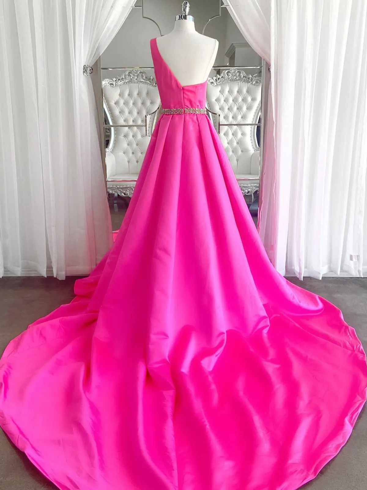 One Shoulder Open Back Pink Long Prom Dresses with Belt, One Shoulder Pink Formal Dresses, Pink Evening Dresses