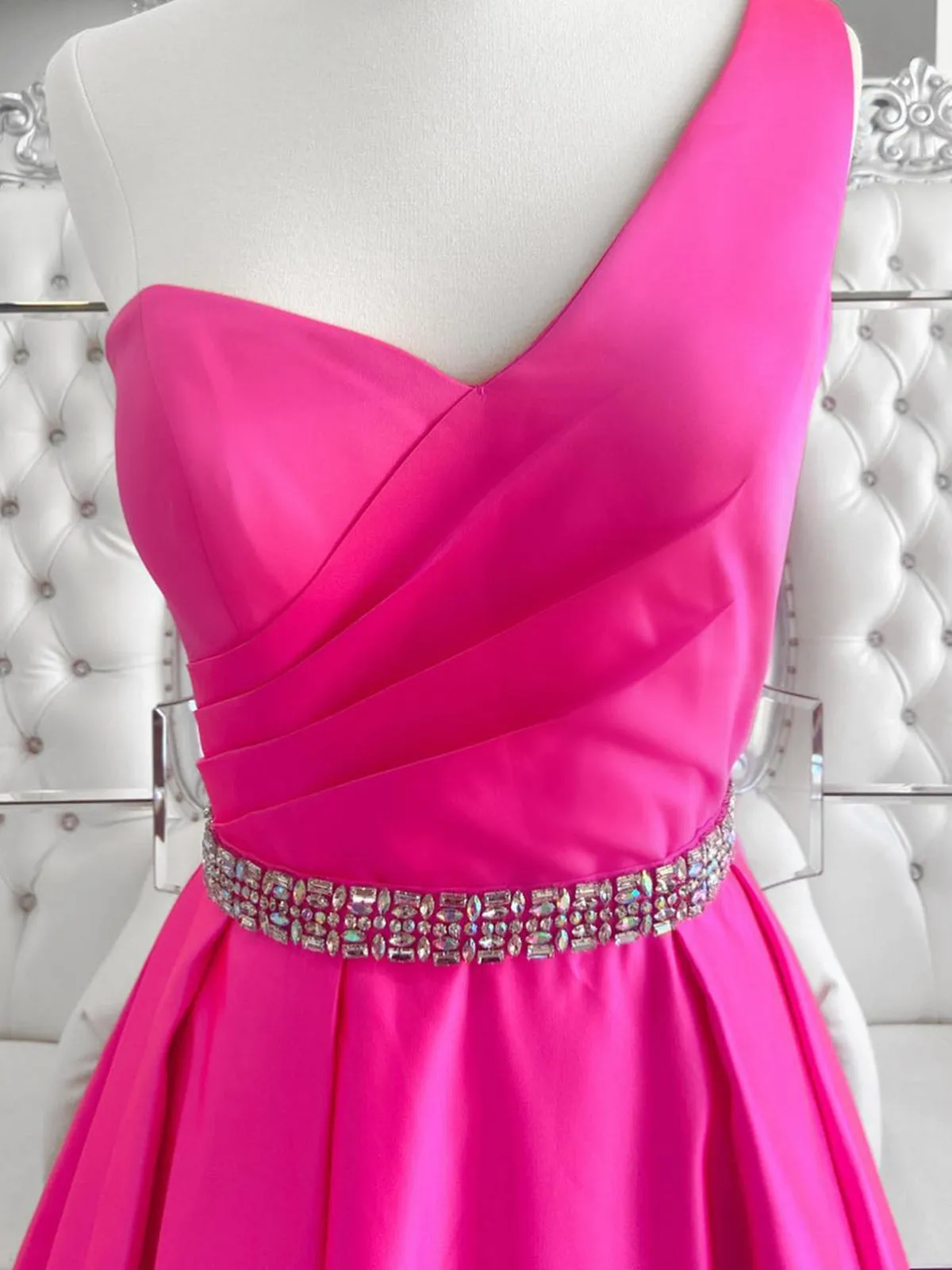 One Shoulder Open Back Pink Long Prom Dresses with Belt, One Shoulder Pink Formal Dresses, Pink Evening Dresses