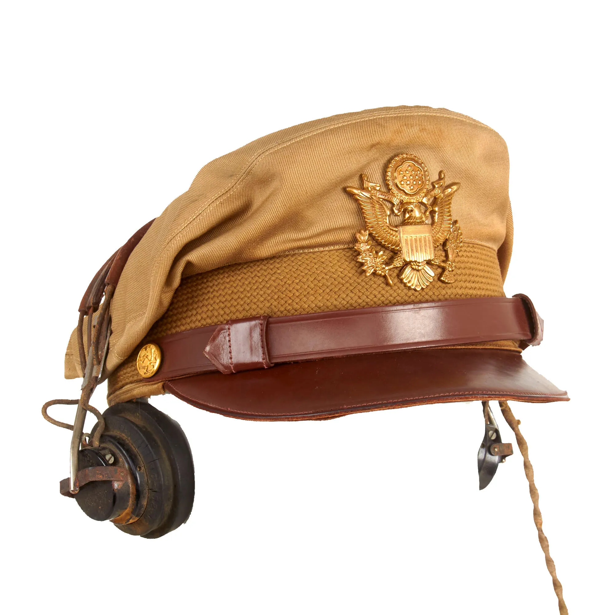 Original U.S. WWII Army Air Force Officer Tan Crusher Cap by Raleigh Haberdasher With ANB-H-1 Headset - Size 7 ¼