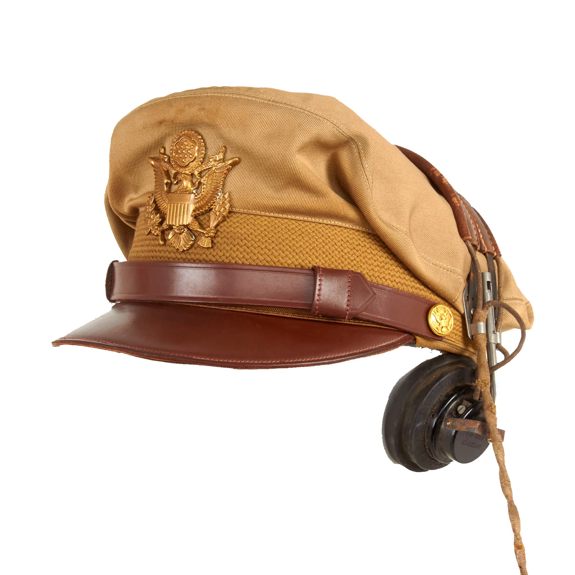 Original U.S. WWII Army Air Force Officer Tan Crusher Cap by Raleigh Haberdasher With ANB-H-1 Headset - Size 7 ¼