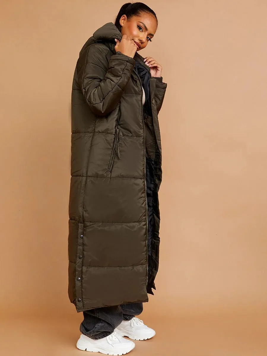 PETITE HOODED LONGLINE PUFFER JACKET-OLIVE