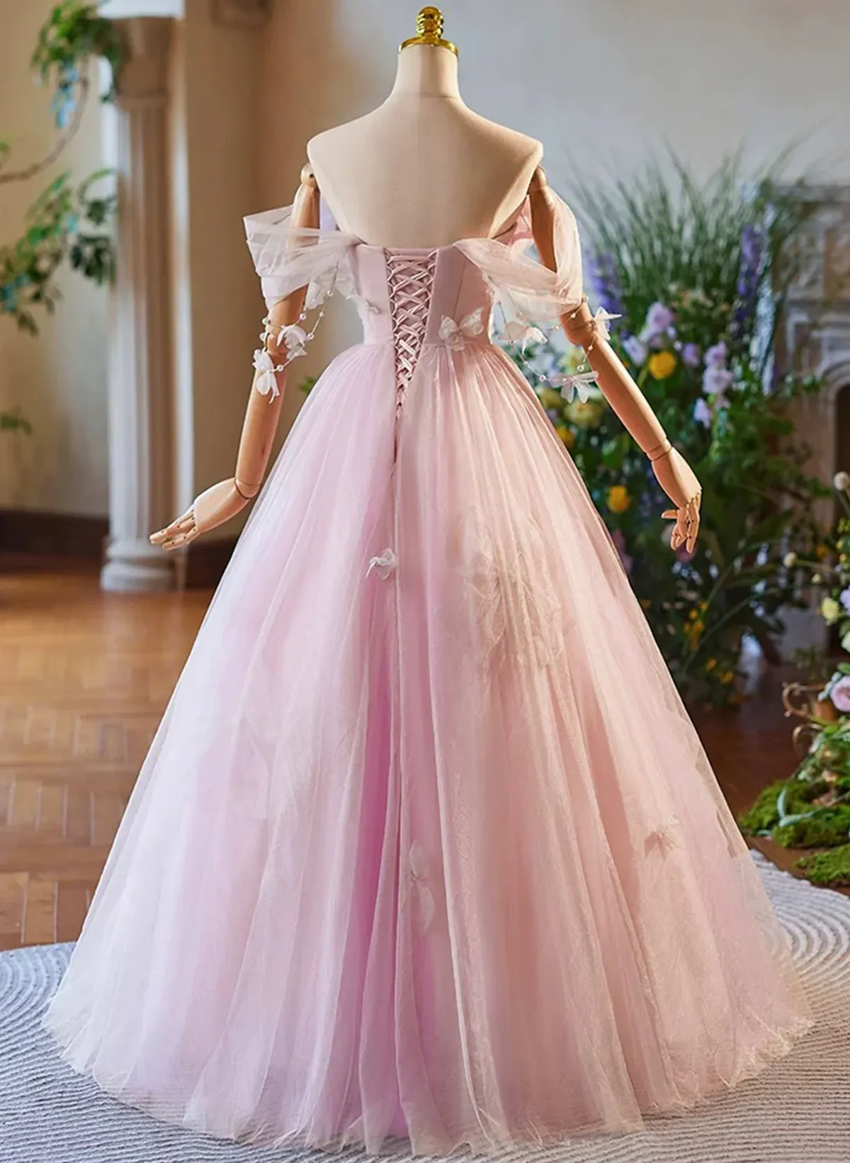 Pink Off Shoulder Tulle Long Formal Dress, Pink A-line Prom Dress