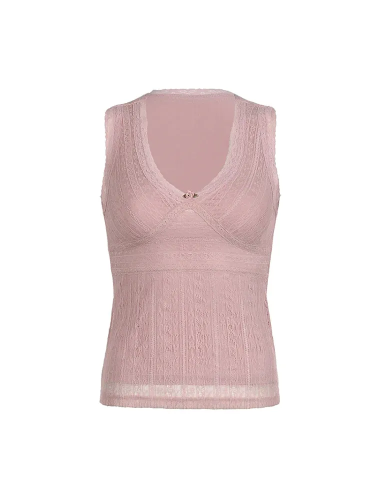 Pink Sweet Slim Sleeveless V Neck Cute Y2K Lace Vest Top Women 2000s Kawaii Clothes