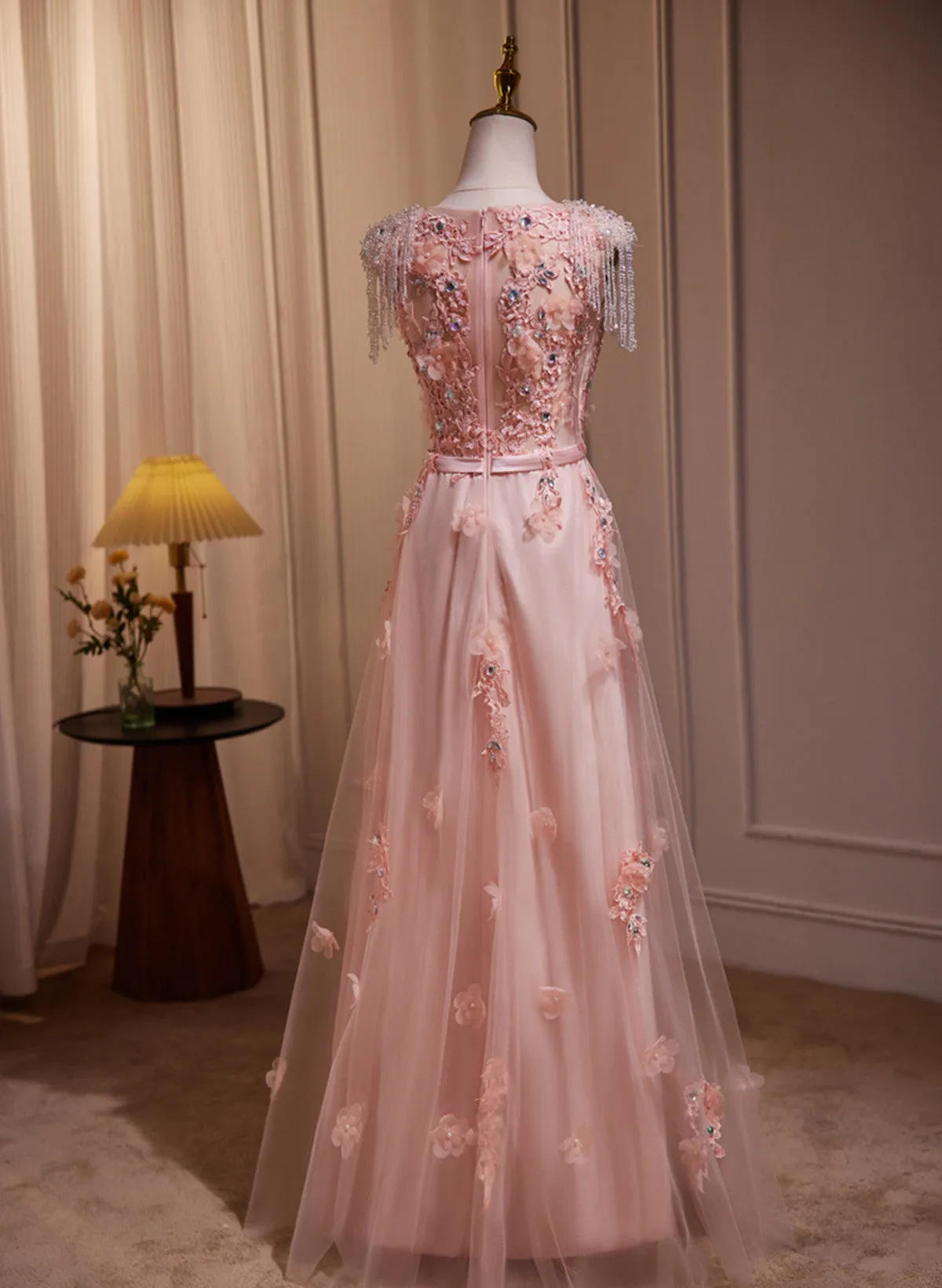 Pink V-neckline Tulle with Lace Applique Prom Dress, Pink Tulle Evening Dress