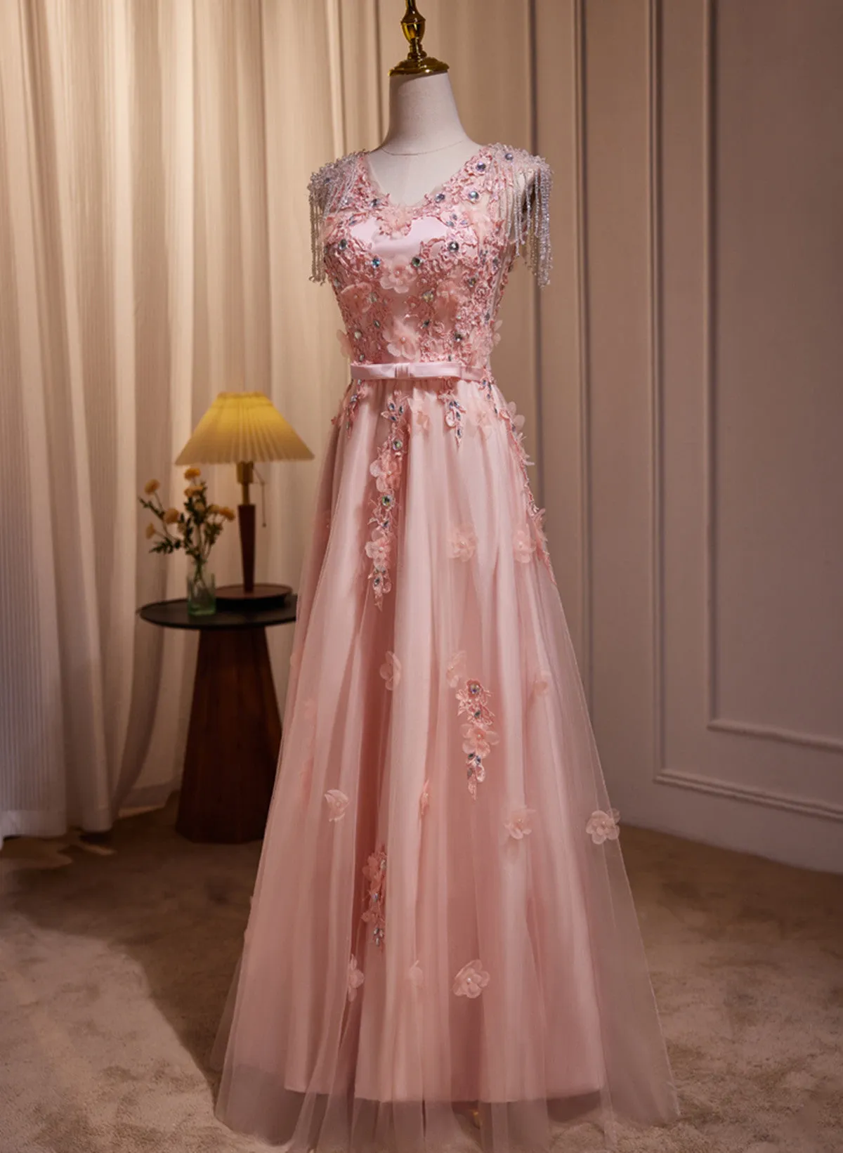 Pink V-neckline Tulle with Lace Applique Prom Dress, Pink Tulle Evening Dress