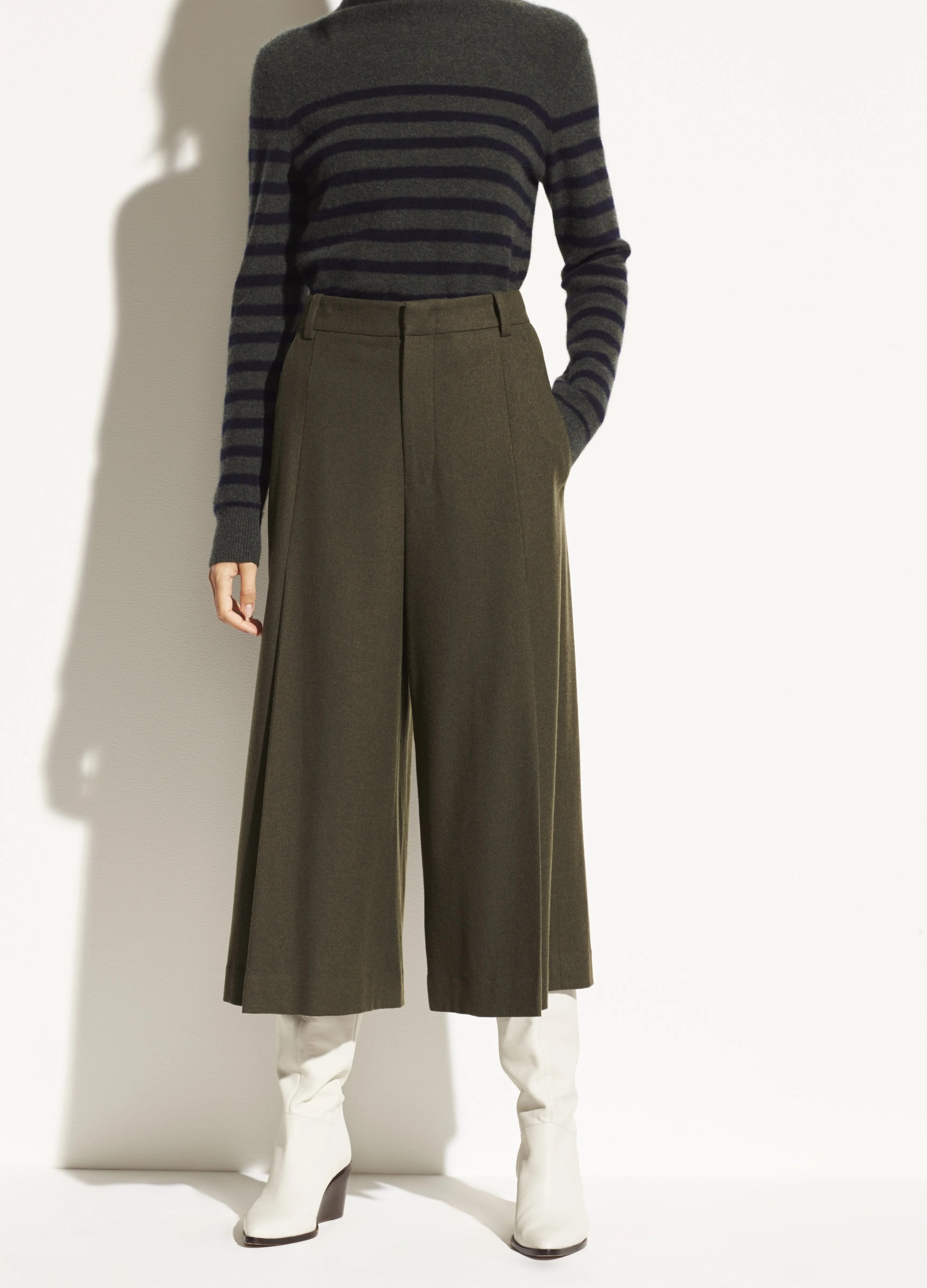 Pleat Front Flannel Culotte in Mineral Pine