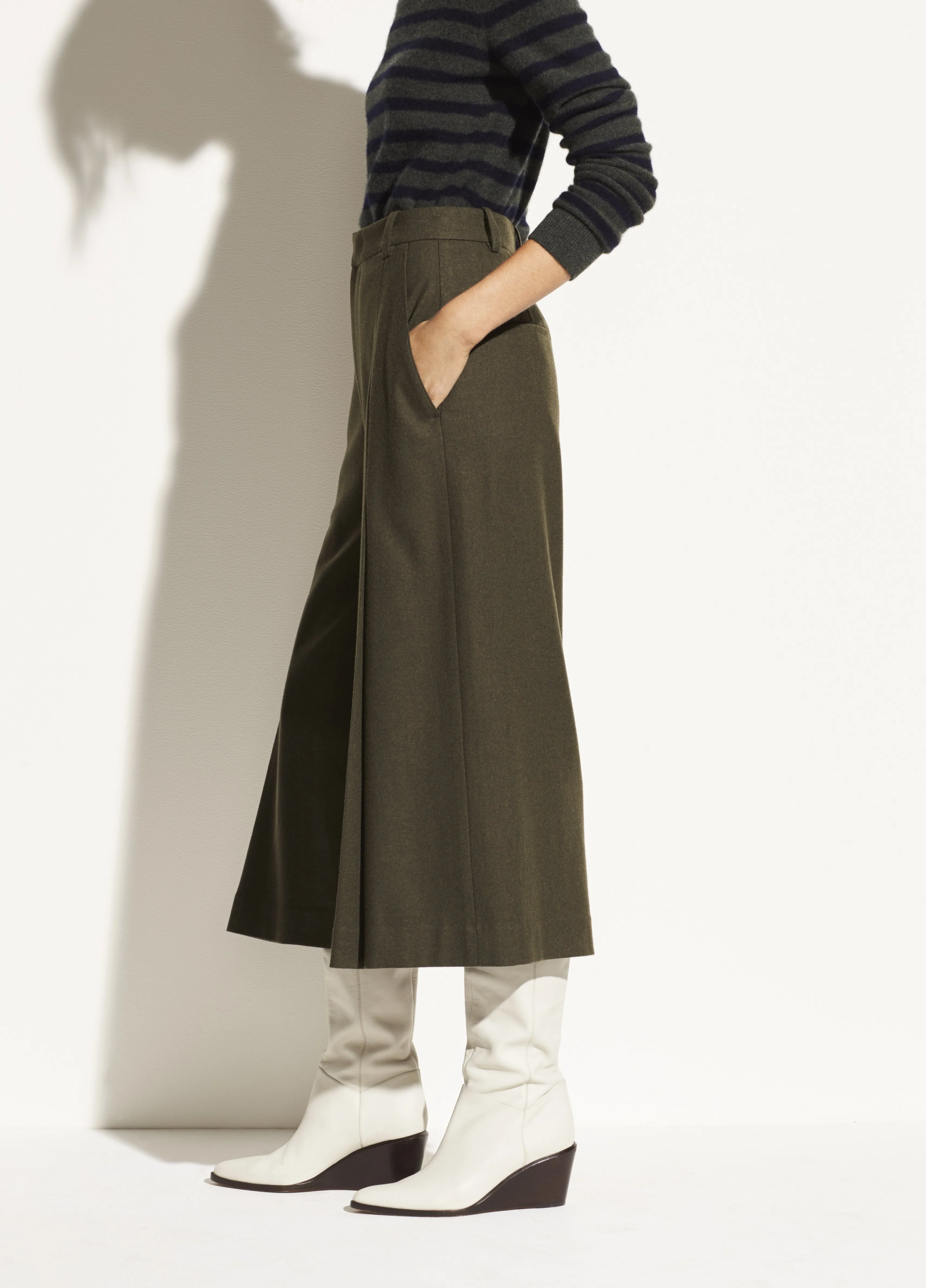 Pleat Front Flannel Culotte in Mineral Pine