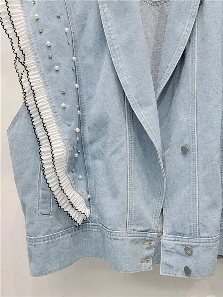 Pre Order:  Denim Ruffled Edge Patchwork Pearl Loose Vest