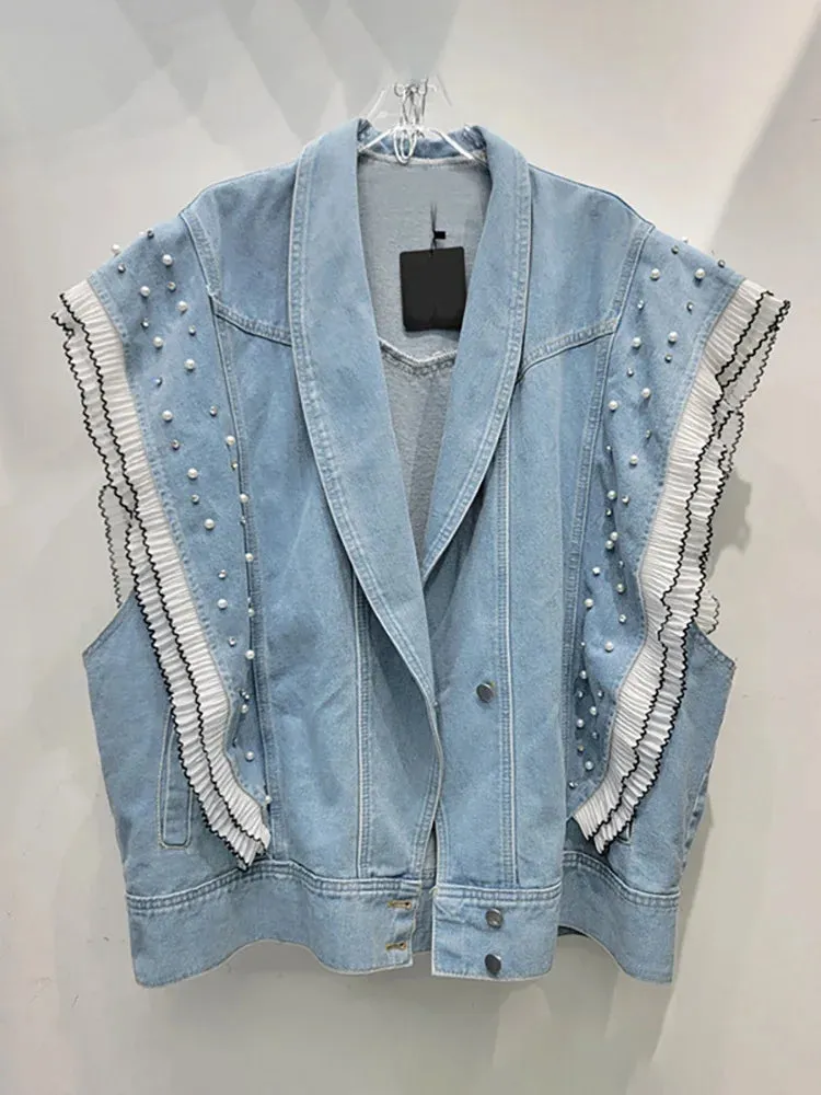 Pre Order:  Denim Ruffled Edge Patchwork Pearl Loose Vest