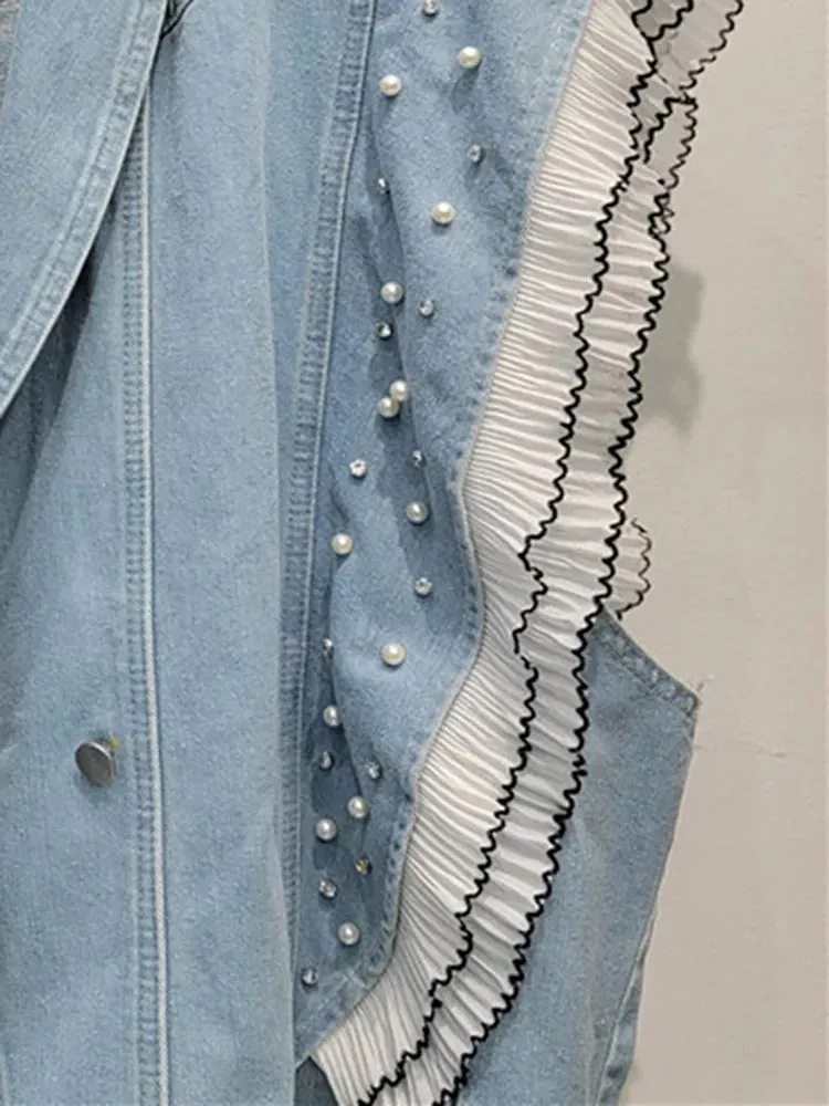 Pre Order:  Denim Ruffled Edge Patchwork Pearl Loose Vest