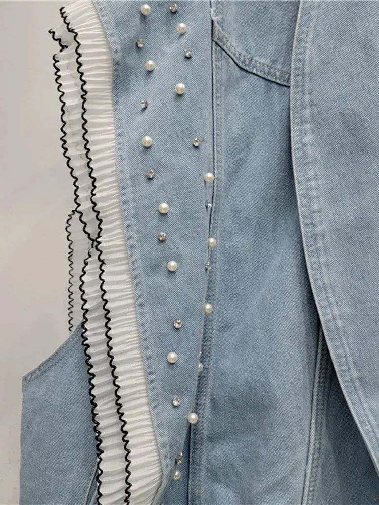 Pre Order:  Denim Ruffled Edge Patchwork Pearl Loose Vest