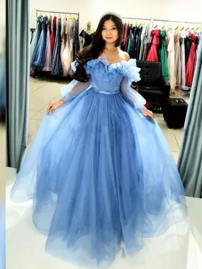 Princess Off Shoulder Long Sleeves Blue Prom, Off the Shoulder Blue Formal Graduation Evening