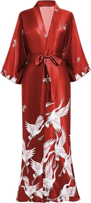 PRODESIGN Satin Kimono Dressing Gown Crane Kimono Robe for Women Silk Feeling Printed Cover Up for Wedding Girl's