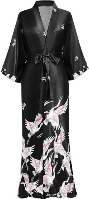 PRODESIGN Satin Kimono Dressing Gown Crane Kimono Robe for Women Silk Feeling Printed Cover Up for Wedding Girl's