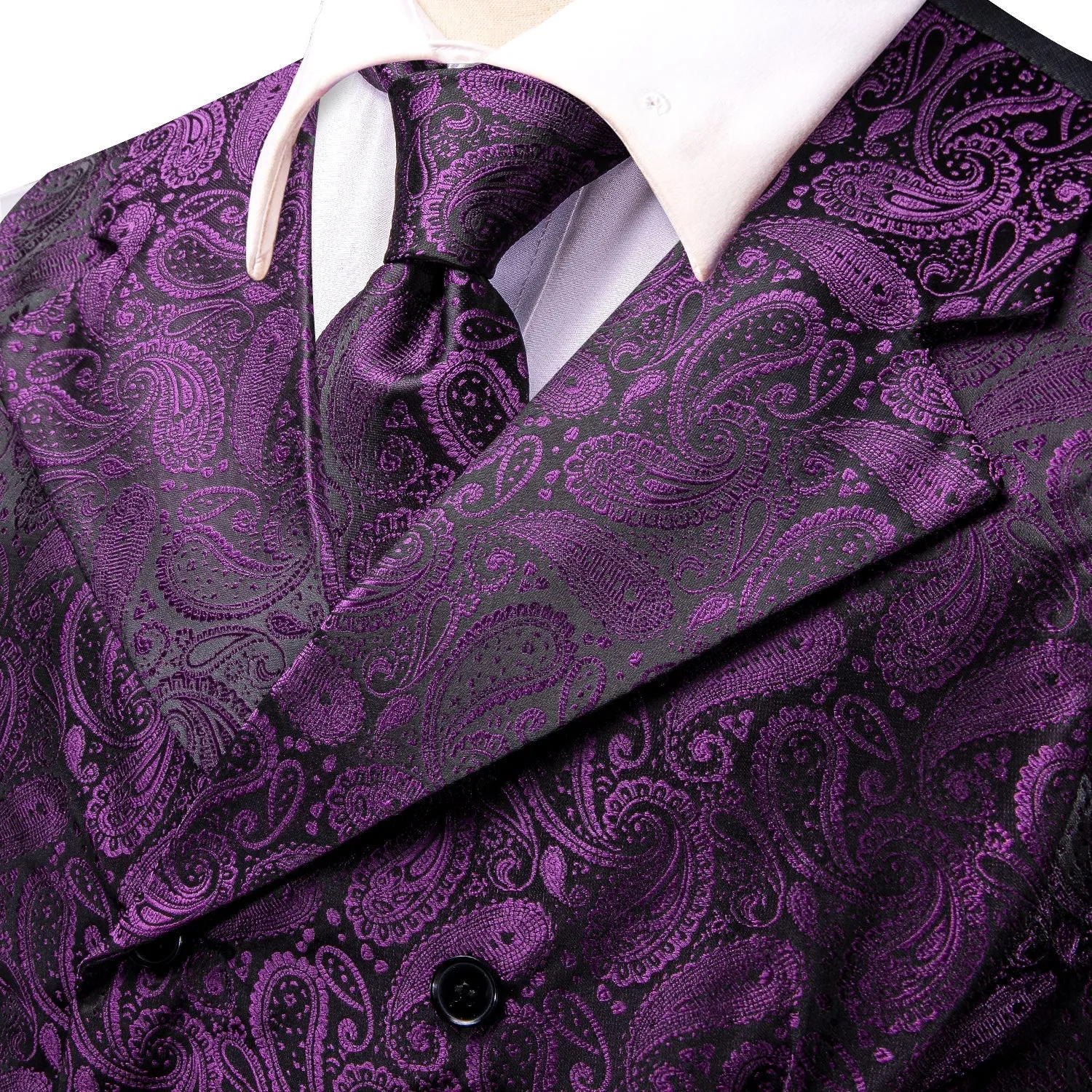 Purple Black Paisley Jacquard Silk Men's Vest Hanky Cufflinks Tie Set