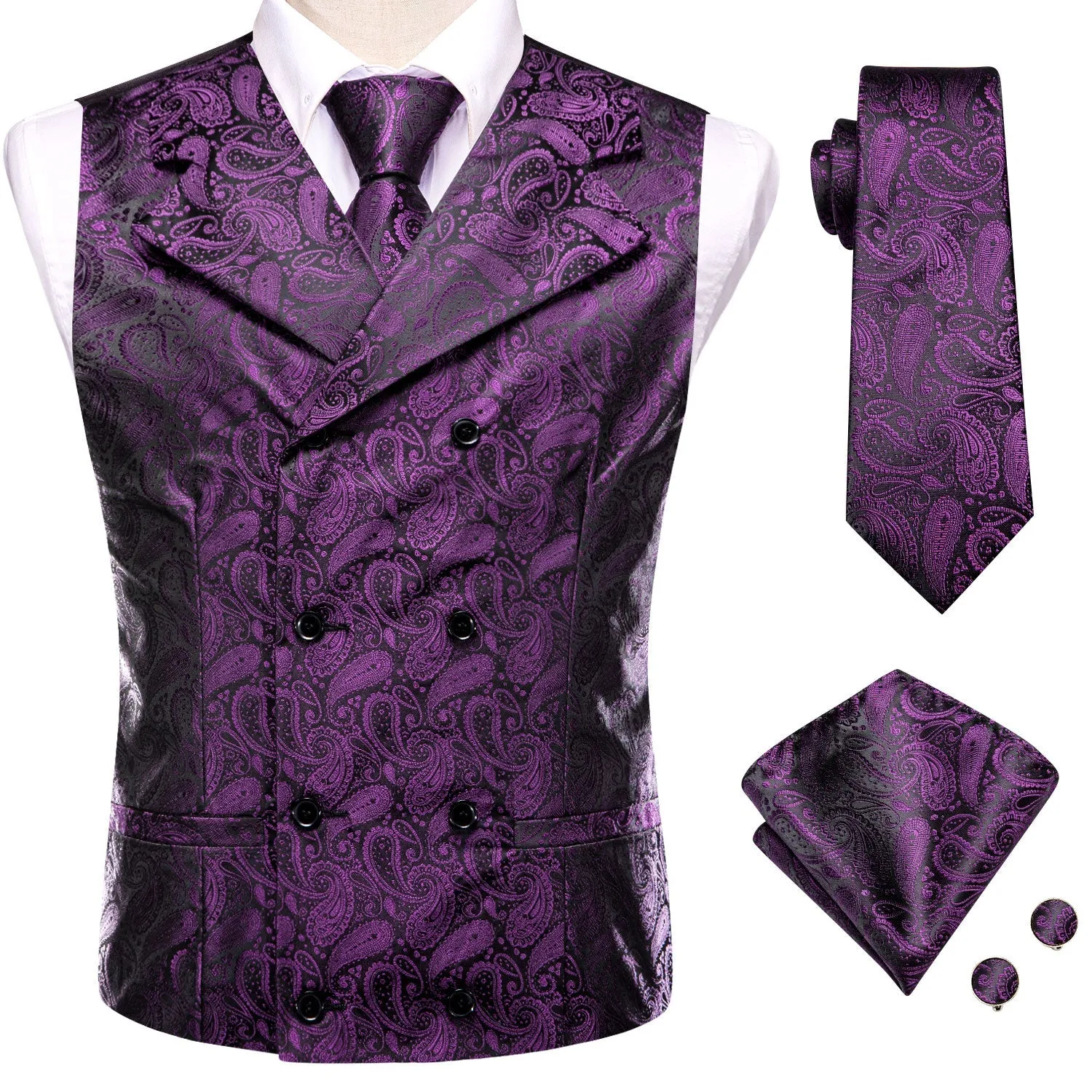 Purple Black Paisley Jacquard Silk Men's Vest Hanky Cufflinks Tie Set