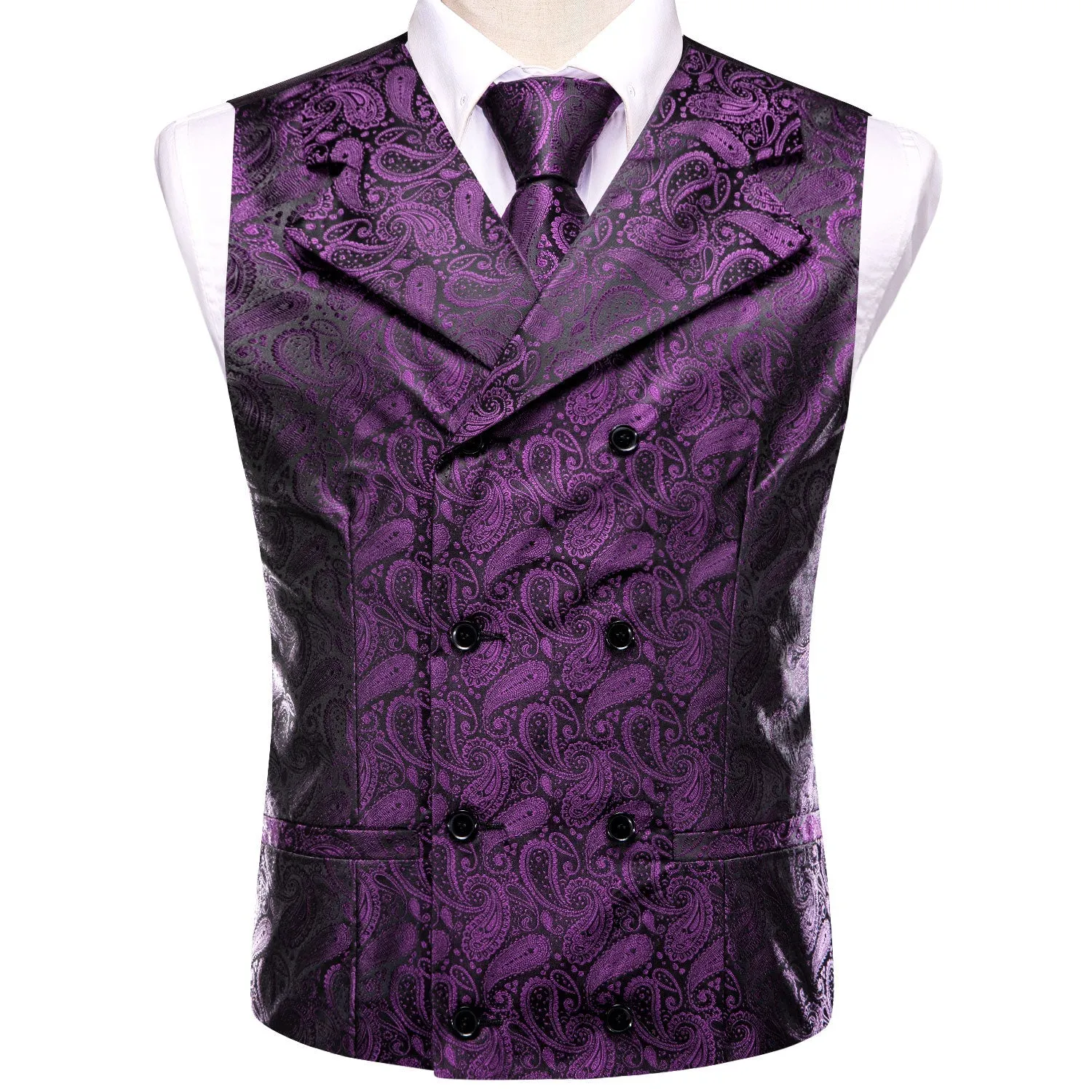 Purple Black Paisley Jacquard Silk Men's Vest Hanky Cufflinks Tie Set