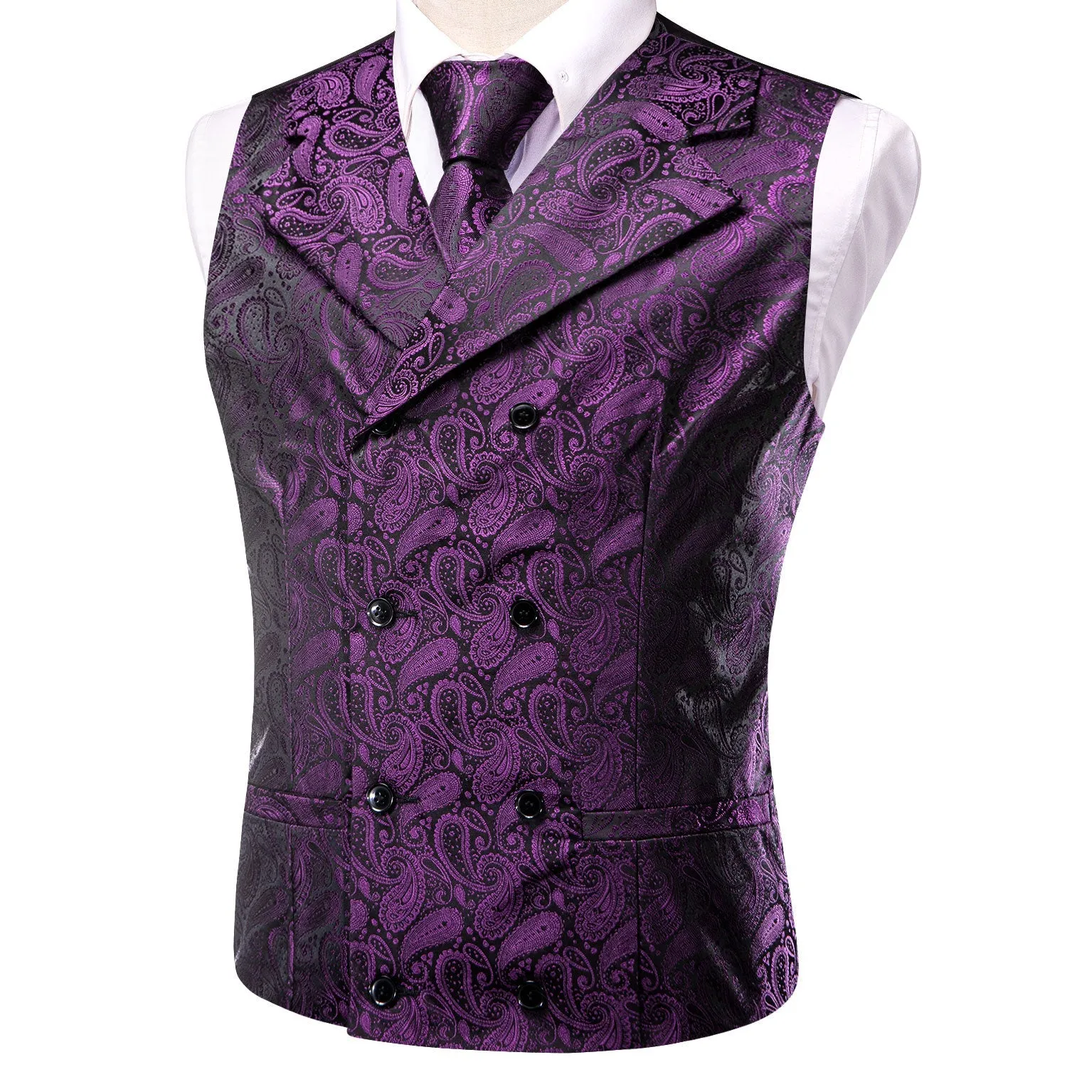 Purple Black Paisley Jacquard Silk Men's Vest Hanky Cufflinks Tie Set