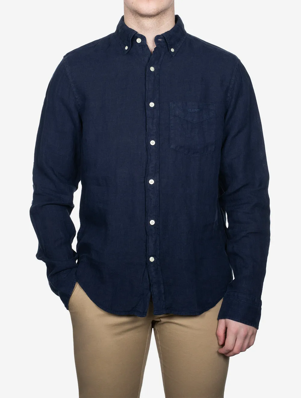 Regular Fit Garment Dyed Linen Shirt Marine