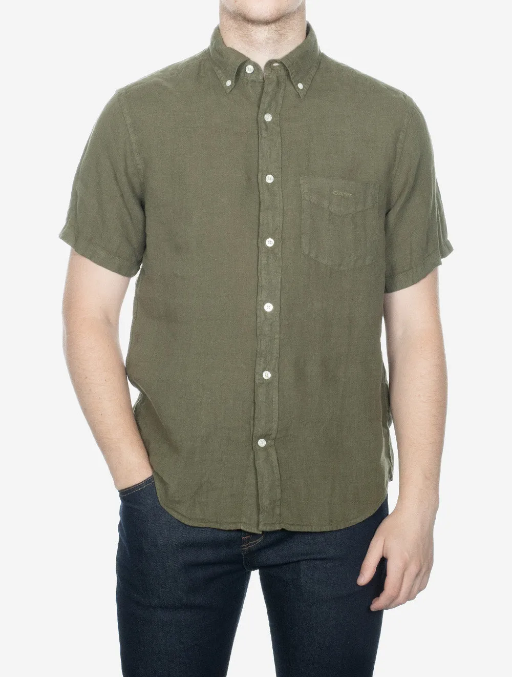 Regular Fit Garment Dyed Linen Short Sleeve Shirt Juniper Green