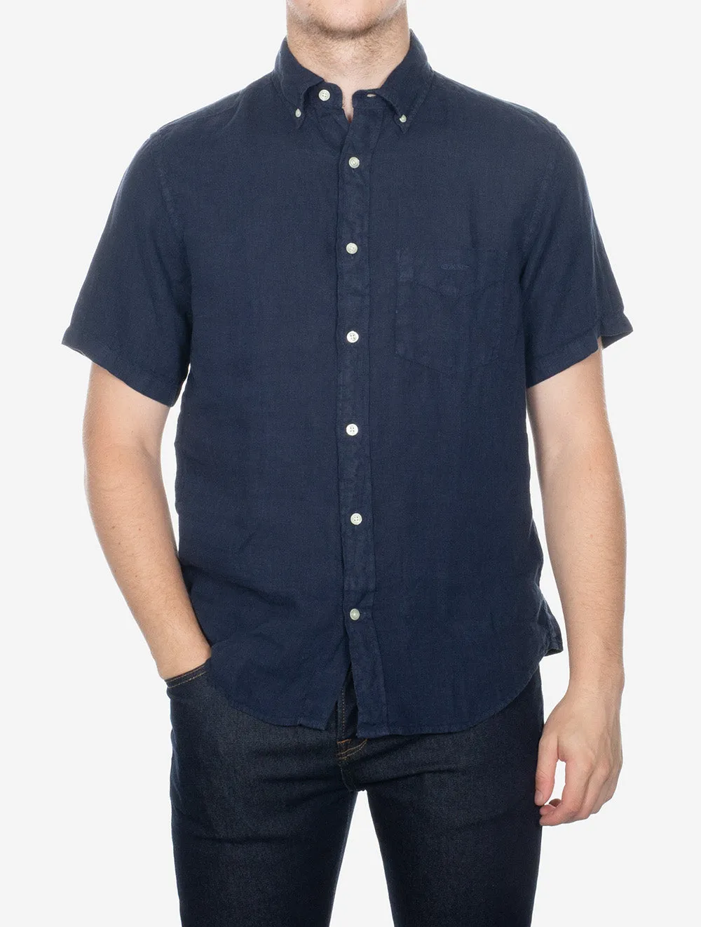 Regular Fit Garment Dyed Linen Short Sleeve Shirt Marine