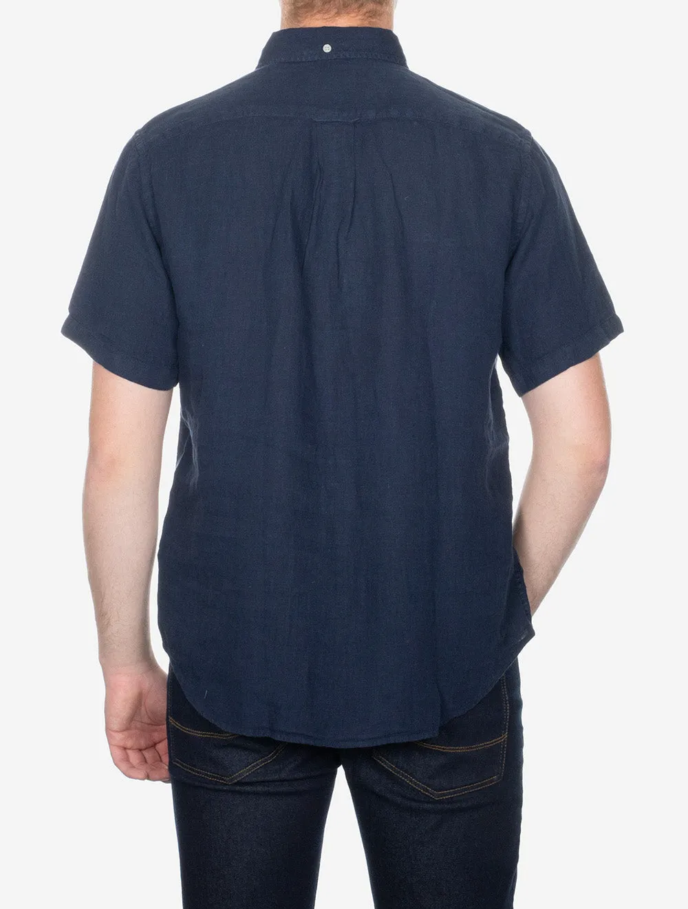 Regular Fit Garment Dyed Linen Short Sleeve Shirt Marine