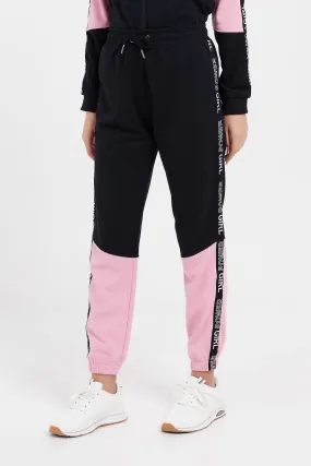 Senior Girls Black And Pink Colour Blocking Pants