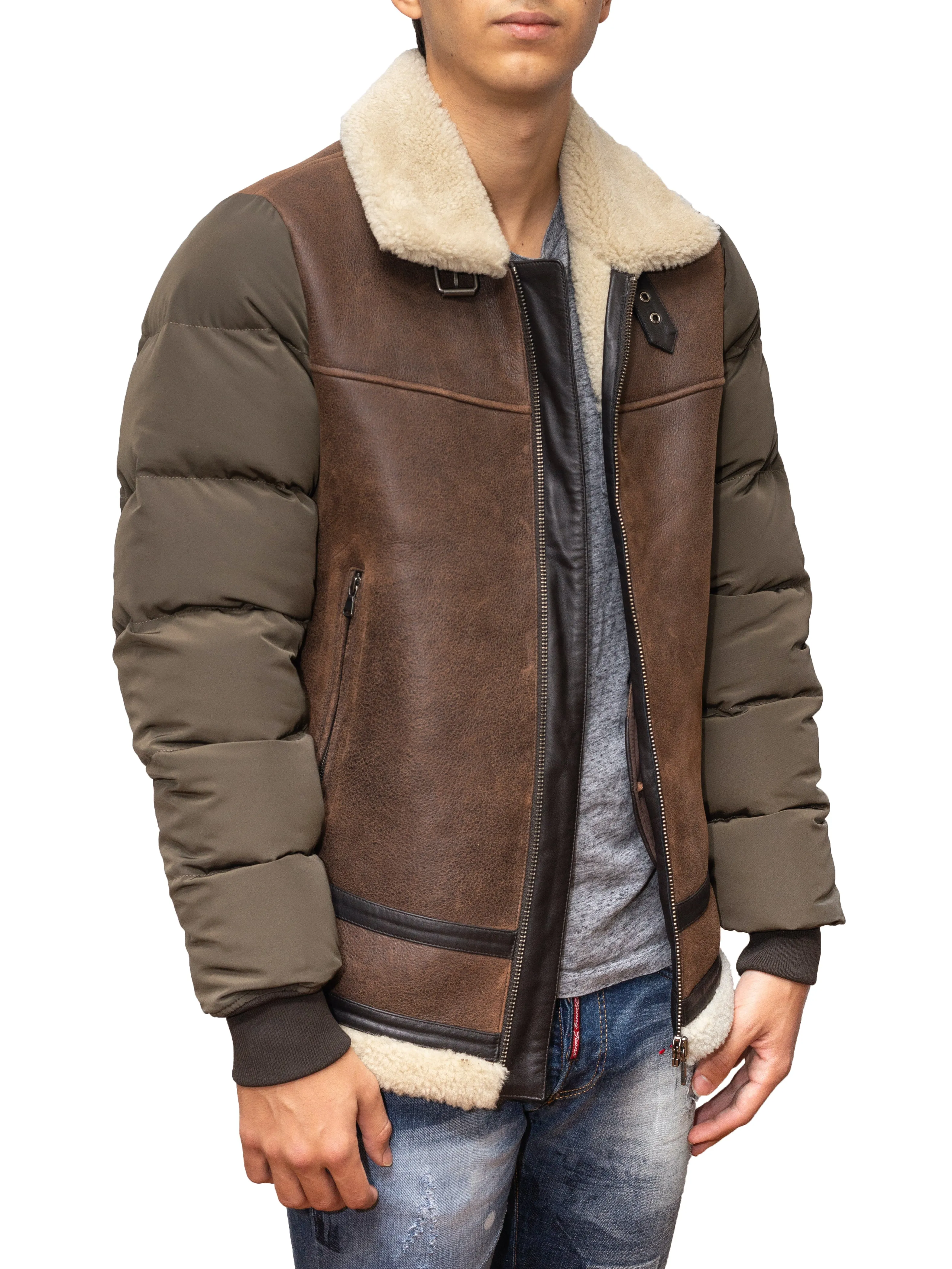 Shearling Bomber w/ Nylon Sleeves