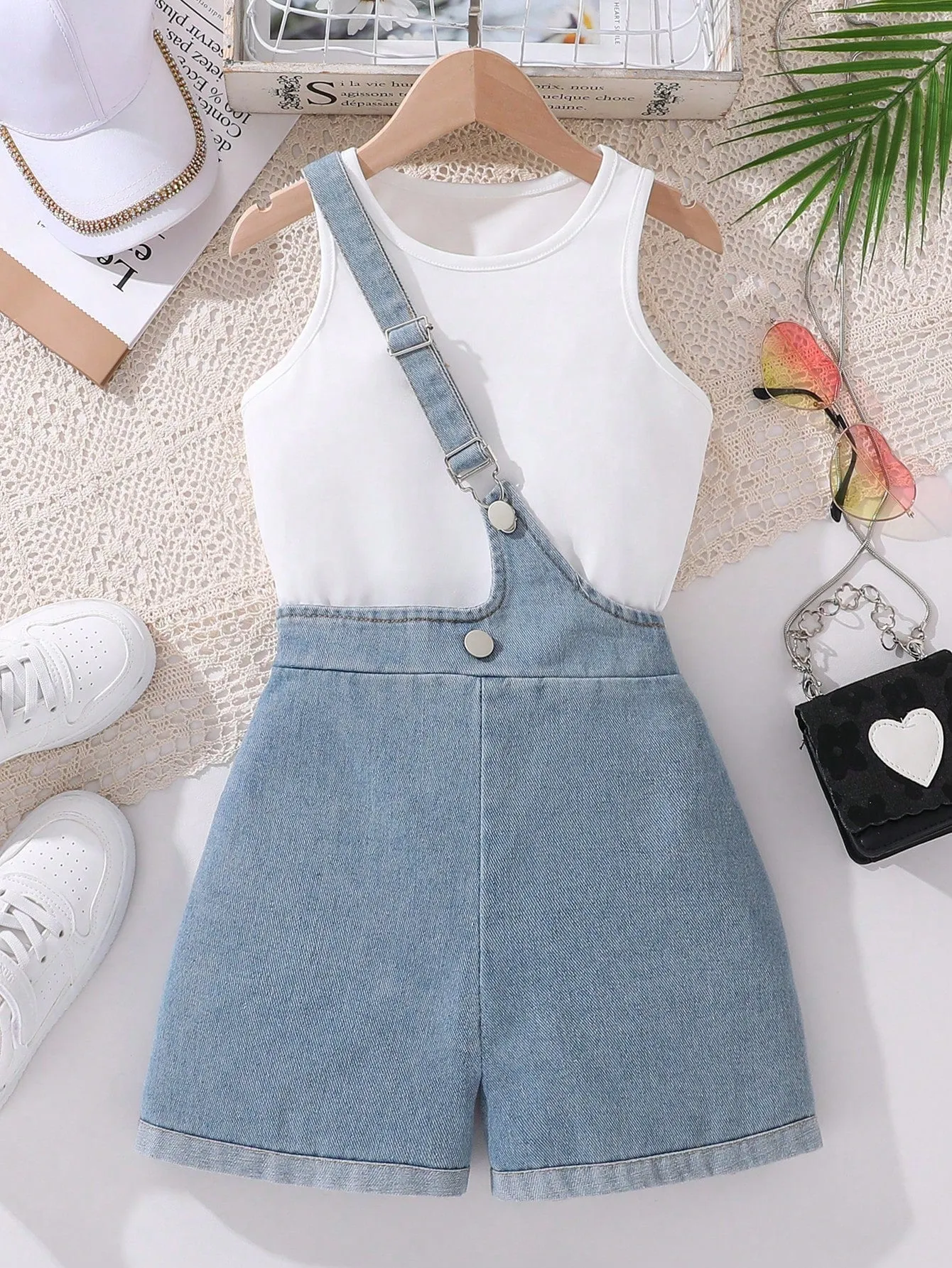 SHEIN Tween Girl Solid Color Vest Top With Overalls Denim Shorts 2 Pieces Set For Summer