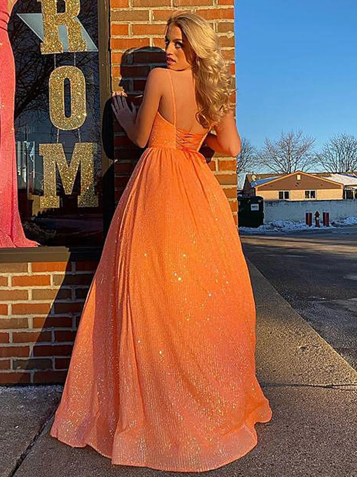 Shiny V Neck Backless Orange Long Prom Dresses, V Neck Orange Formal Dresses, Sparkly Orange Evening Dresses