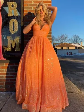 Shiny V Neck Backless Orange Long Prom Dresses, V Neck Orange Formal Dresses, Sparkly Orange Evening Dresses