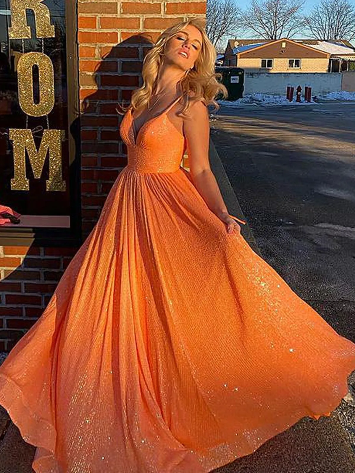 Shiny V Neck Backless Orange Long Prom Dresses, V Neck Orange Formal Dresses, Sparkly Orange Evening Dresses