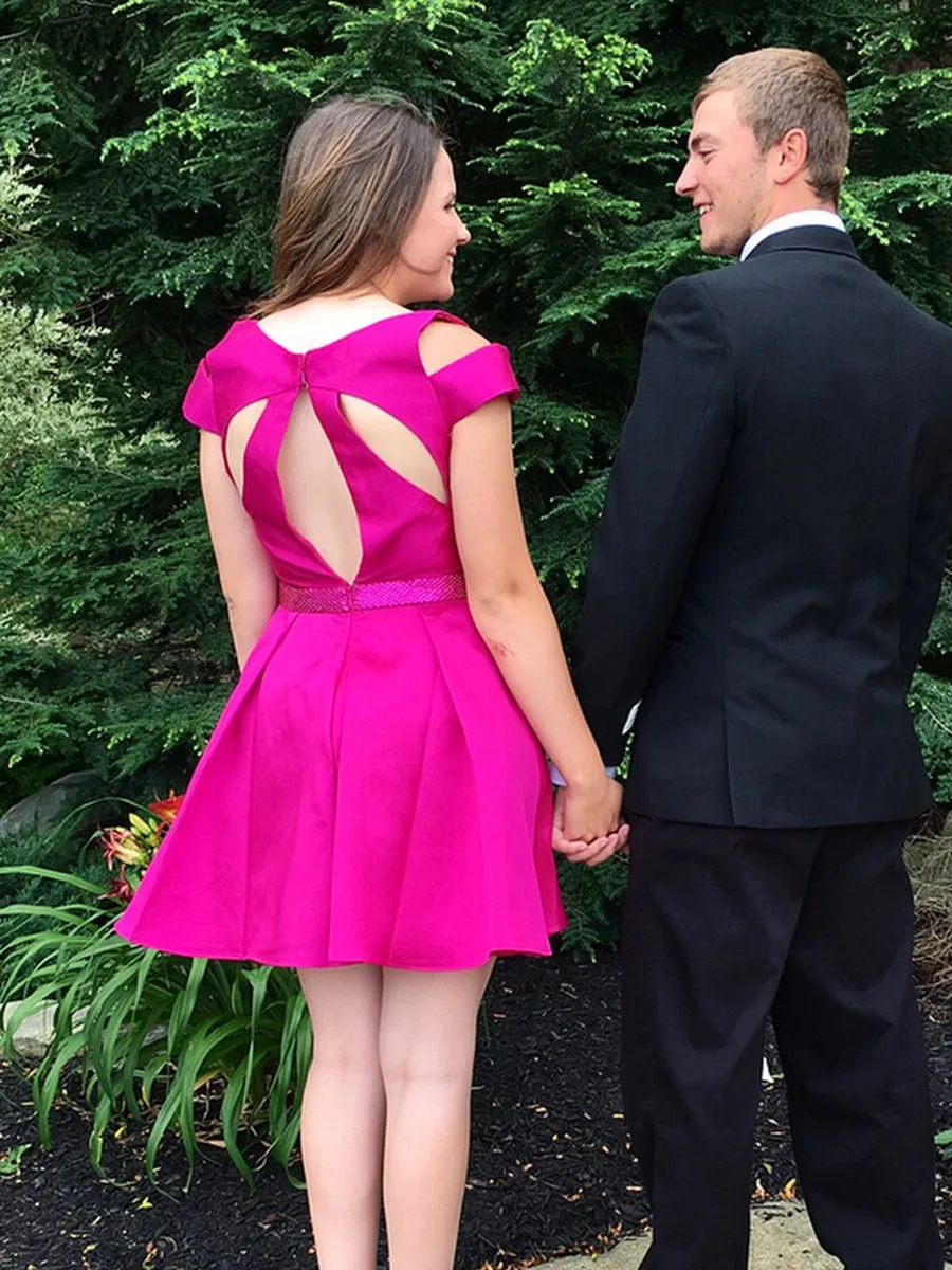 Simple Off Shoulder Fuchsia Satin Short Prom, Off Shoulder Fuchsia Formal Graduation Homecoming