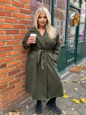 Sinita Khaki Button Detailed Belted Trench Coat - Plus Size