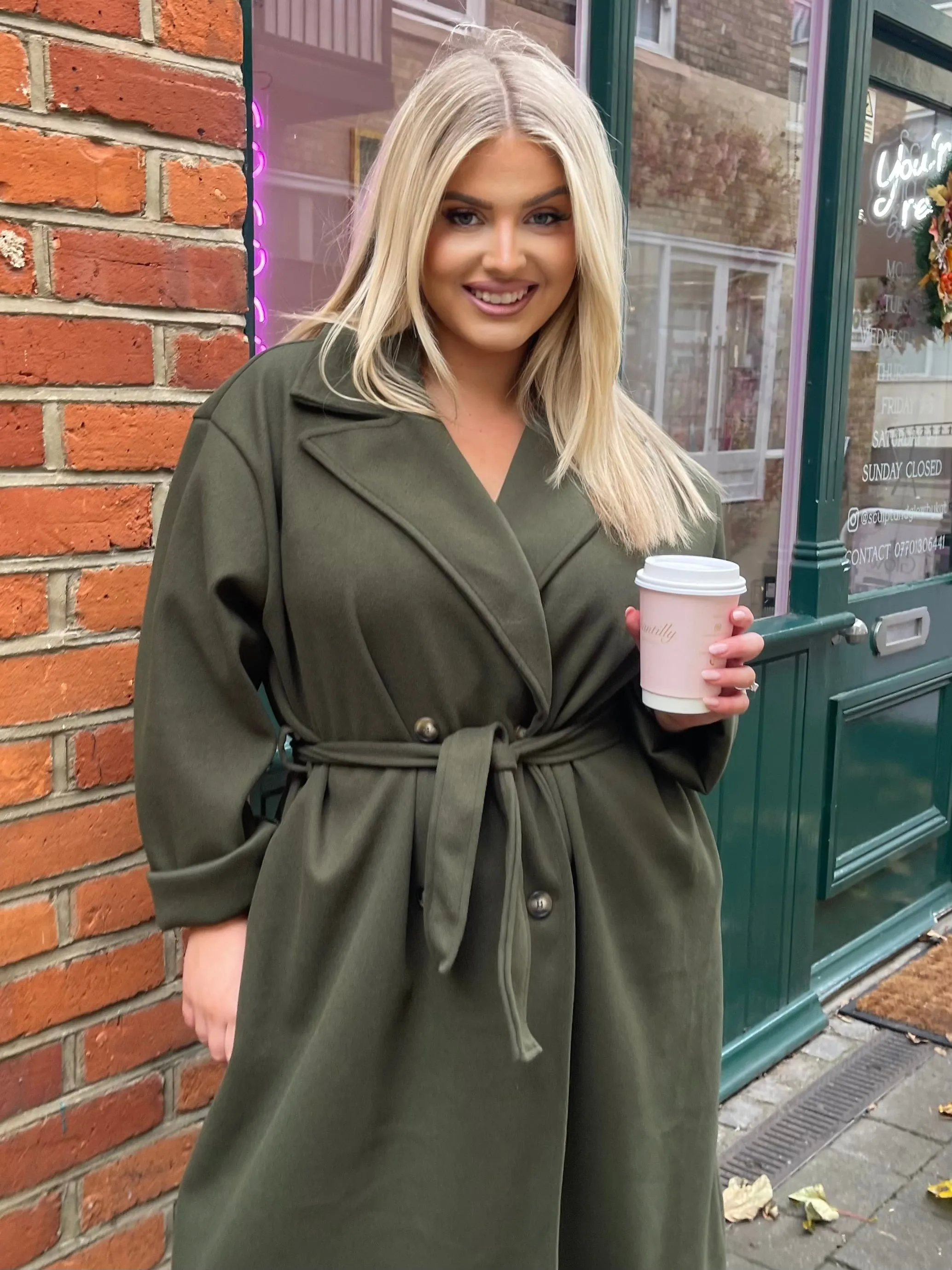 Sinita Khaki Button Detailed Belted Trench Coat - Plus Size