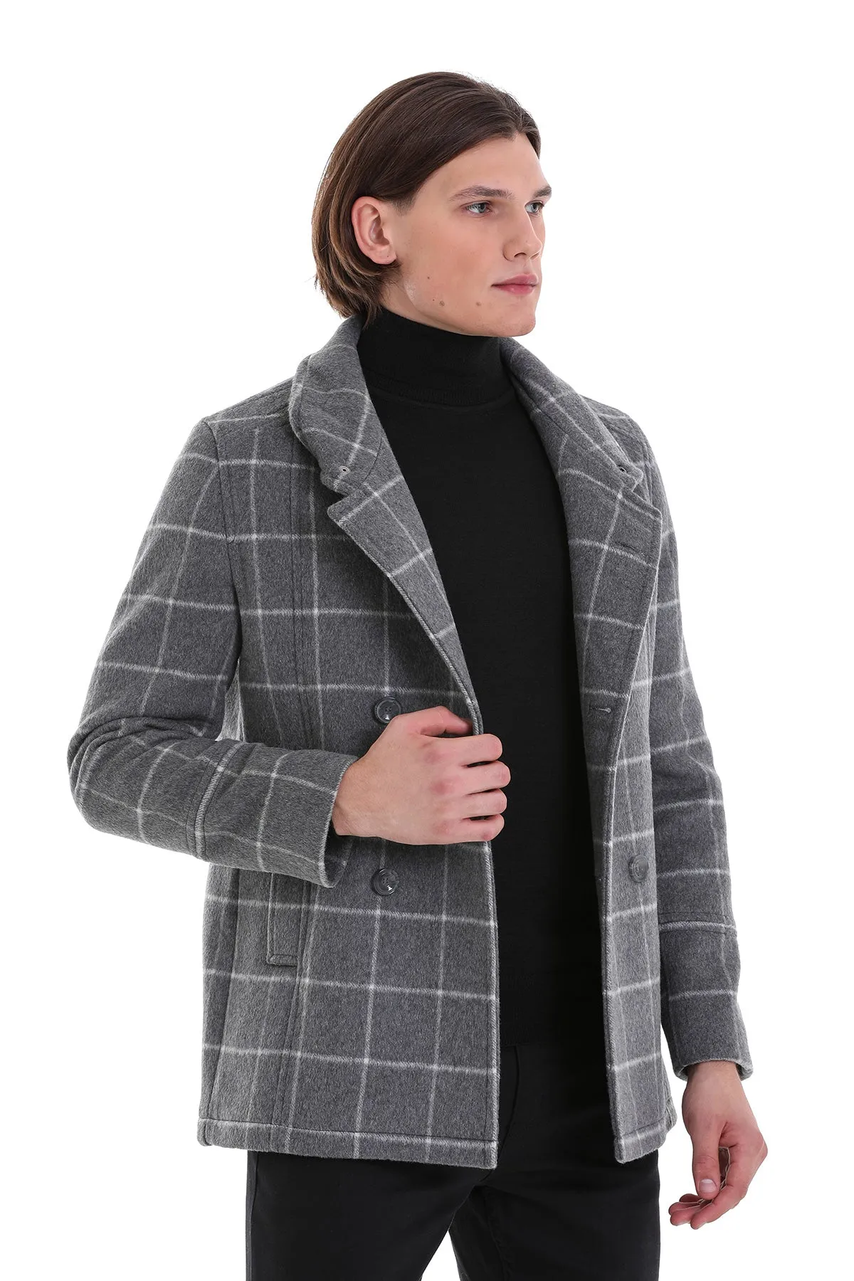 Slim Fit Double Breasted Gray Wool Blend Coat