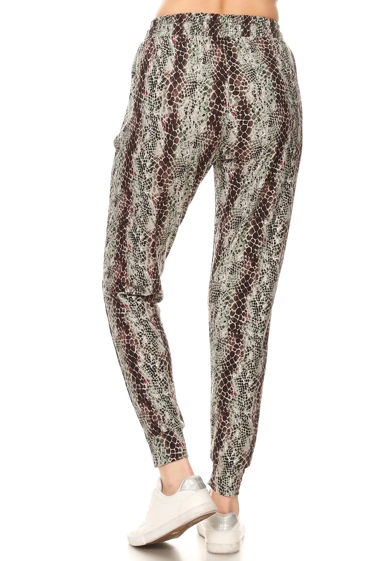 Snakeskin Printed Joggers With Solid Trim, Drawstring Waistband, Waist