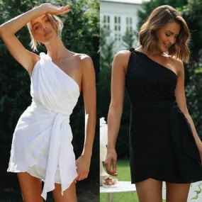 Solid Color One-Shoulder Belted Asymmetric Hem Mini Dress