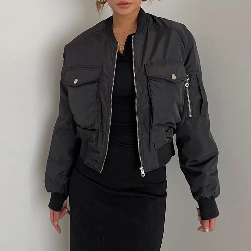 Solid Patchwork Pockets Jackets For Women Stand Collar Long Sleeves Spliced Zipper Casual Jacket Female Fashion