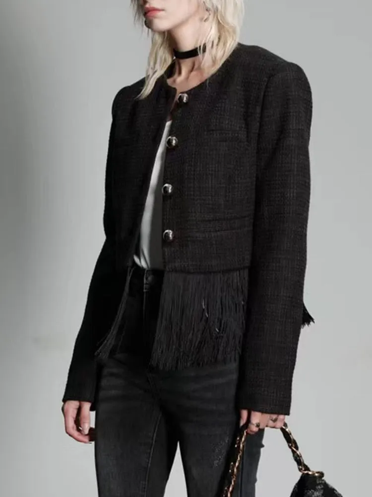 Solid Temperament Spliced Tassel Jackets For Women Round Neck Long Sleeve Patchwork Single Breasted Jacket Female